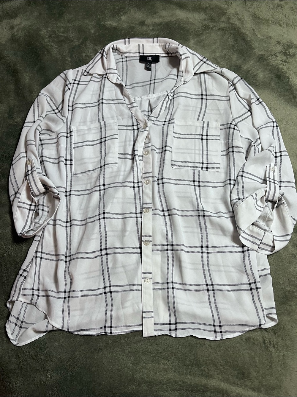 Iz Byer White Button-Down Shirt with Black Plaid